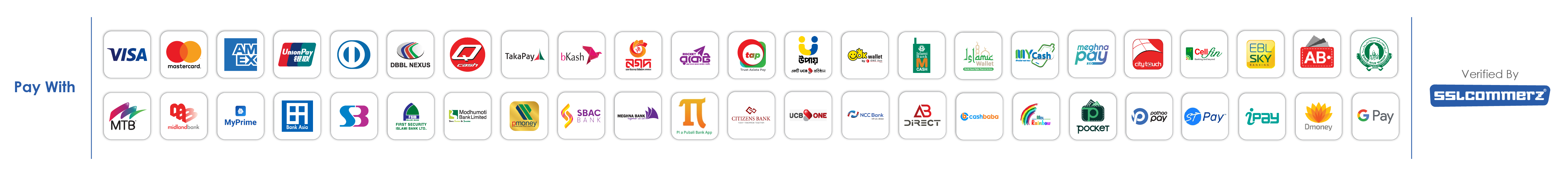 Pay with Visa, Mastercard, bKash, Nagad, Rocket and 40+ methods — verified by SSLCommerz